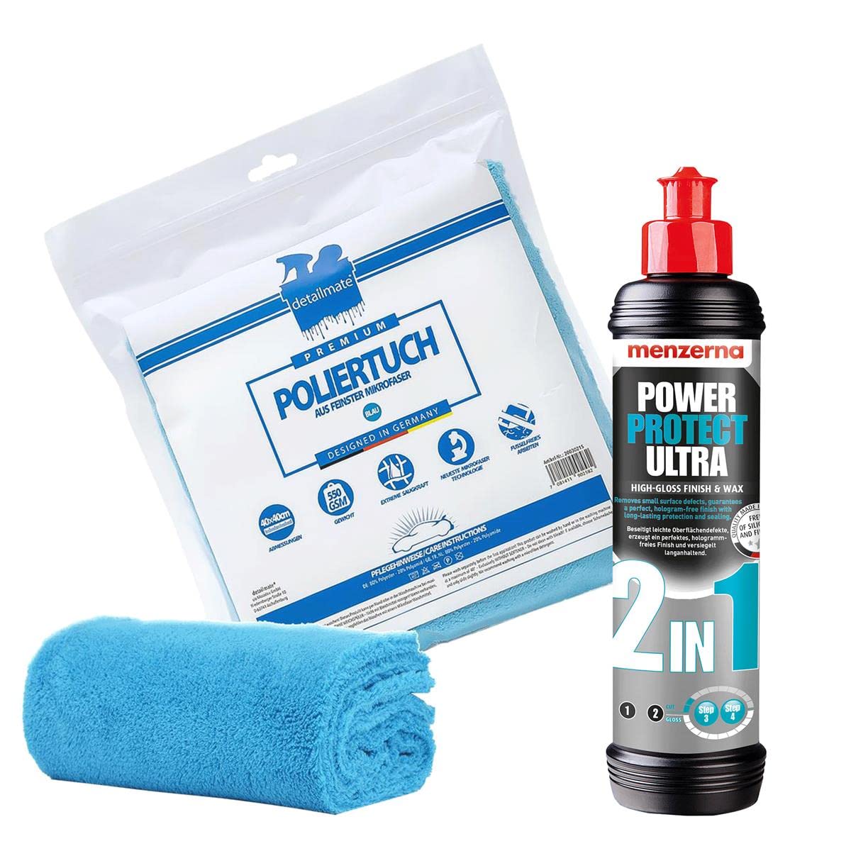 detailmate Auto Polier Set - Autopflege: Menzerna Lackversiegelung Power Protect Ultra 2 in 1, 250 ml - Autolack Versiegelung + Mikrofaser Auto Poliertuch, 40x40cm, perfekt zum Auspolieren Autolack von detailmate