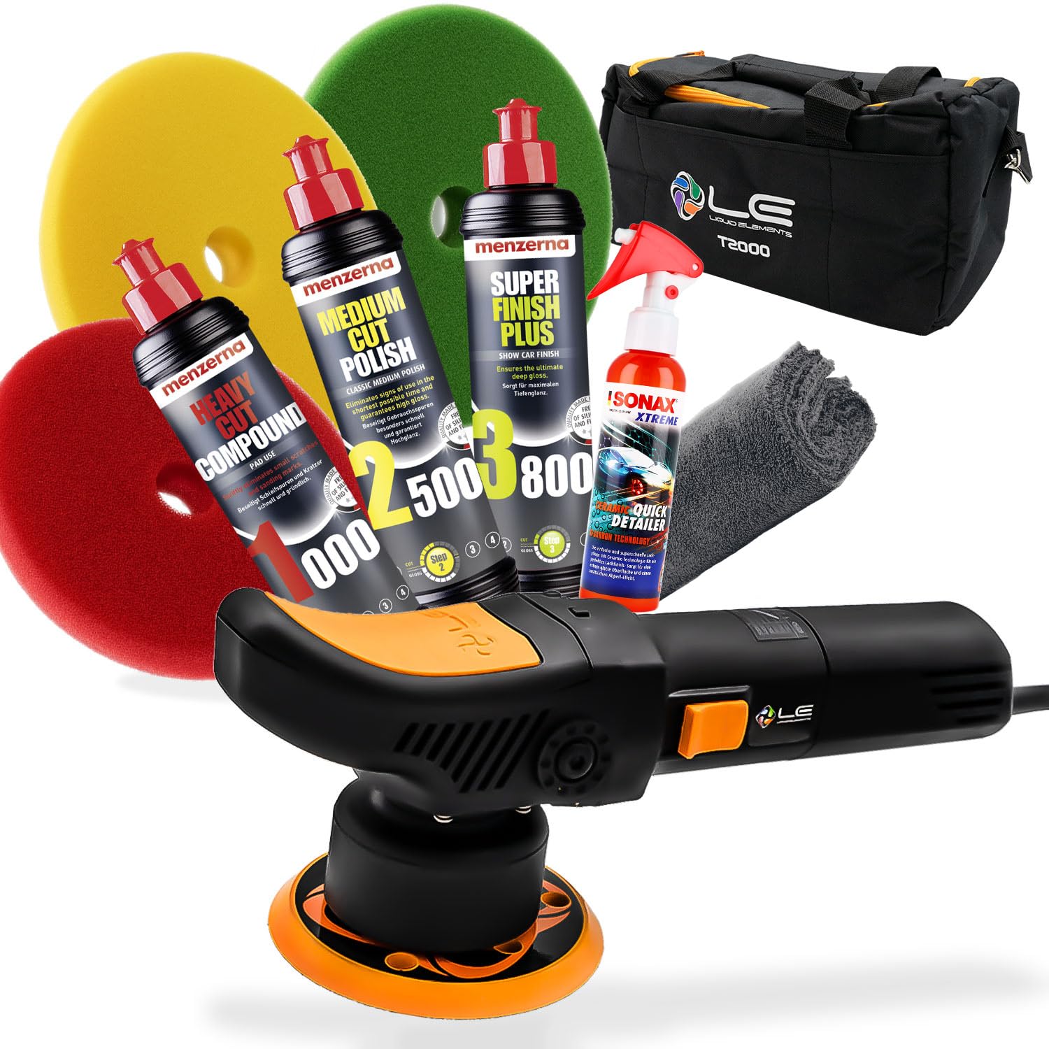 Garage Freaks Auto Polier Set: T2000 V3 Exzenterpoliermaschine, Menzerna Polituren, Garage Freaks Polierpads, SONAX PROFILINE Versiegelung, 550GSM Mikrofasertuch von Garage Freaks