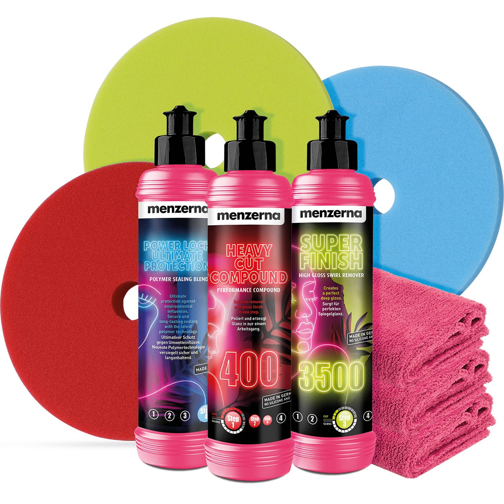 detailmate Auto Politur Bundle Lady Trio Deluxe | Menzerna Lady Line - Heavy Cut Compound 400 250ml + Super Finish 3500 250ml + Power Lock Ultimate Protection 250ml + 3X menzerna Polierpad + 3X Tuch detailmate Auto Politur Bundle Lady Trio Deluxe | Menzerna Lady Line - Heavy Cut Compound 400 250ml + Super Finish 3500 250ml + Power Lock Ultimate Protection 250ml + 3X menzerna Polierpad + 3X Tuch von detailmate