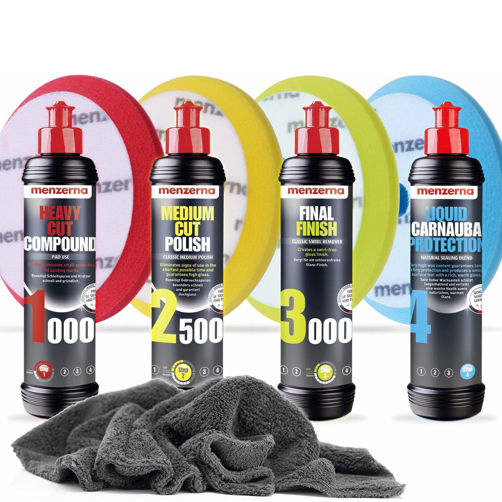 detailmate Auto Politur Set - Menzerna Autopolitur, 250ml: - Super Heavy Cut Compund HC1000 + Medium Cut 2500 + Final Finish FF3000 + Liquid Carnauba Wachs + 4 passende Menzerna Pads + Poliertuch von detailmate