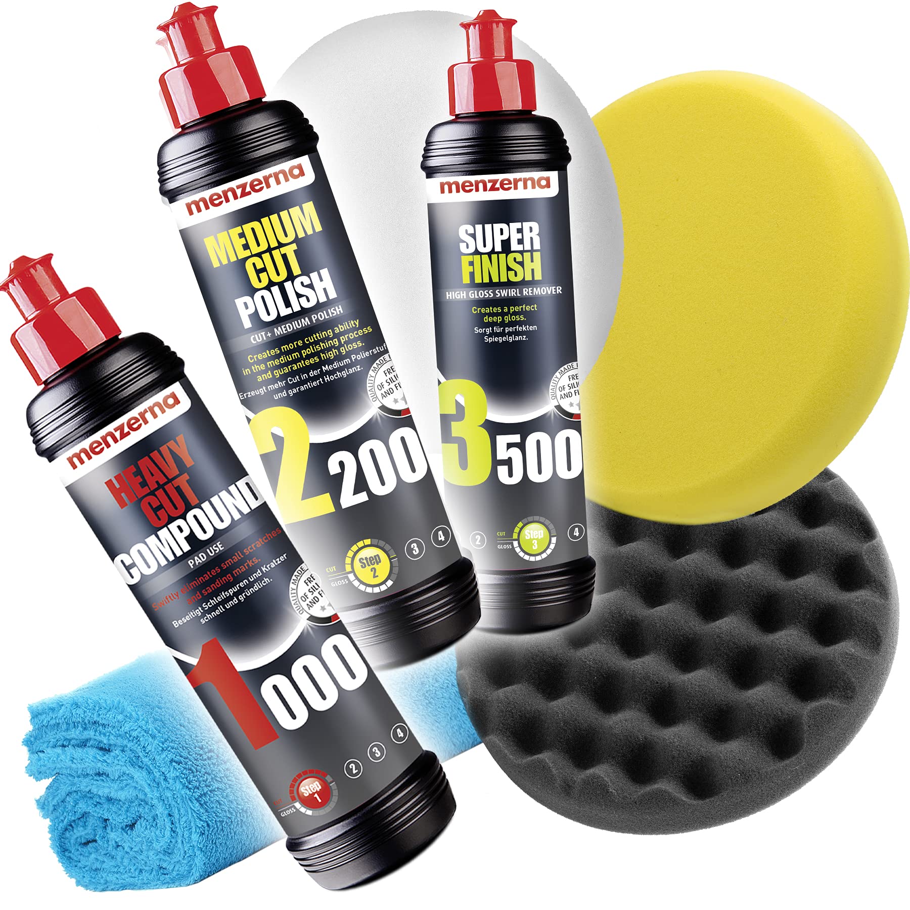detailmate Auto Politur Set - Menzerna Autopolitur 250ml: Super Heavy Cut Compund HC1000 + Medium Cut 2200 + Super Finish SF3500 + 3 Menzerna Polierpads 150mm + Flauschiges Mikrofaser Poliertuch detailmate Auto Politur Set - Menzerna Autopolitur 250ml: Super Heavy Cut Compund HC1000 + Medium Cut 2200 + Super Finish SF3500 + 3 Menzerna Polierpads 150mm + Flauschiges Mikrofaser Poliertuch von detailmate