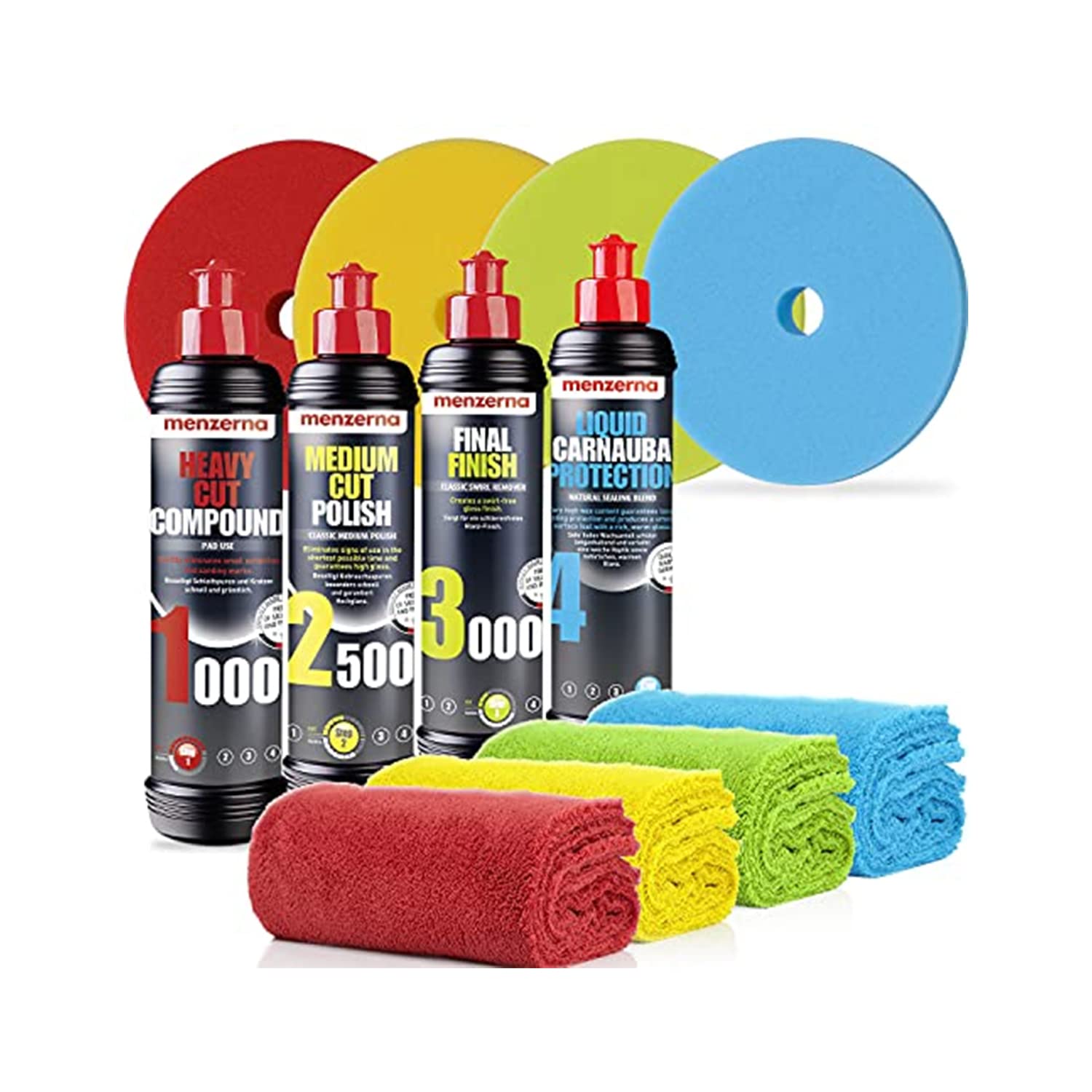 detailmate Auto Politur Set - Menzerna Autopolitur - Super Heavy Cut Compound HC1000 + Medium Cut 2500 + Final Finish FF3000 + Liquid Carnauba Wachs + 4 passende Menzerna Pads + 4 Poliertücher detailmate Auto Politur Set - Menzerna Autopolitur - Super Heavy Cut Compound HC1000 + Medium Cut 2500 + Final Finish FF3000 + Liquid Carnauba Wachs + 4 passende Menzerna Pads + 4 Poliertücher von detailmate