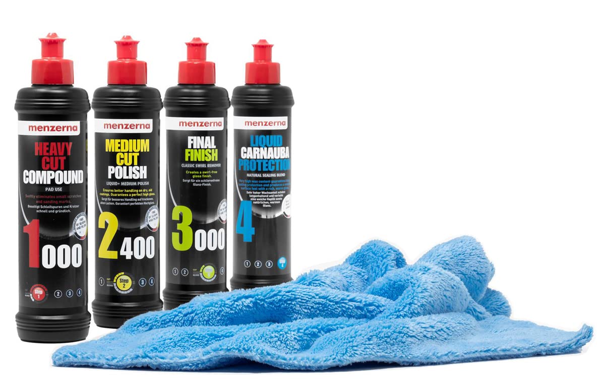 detailmate Auto Politur Set - Menzerna Autopolitur Super Heavy Cut Compund HC1000 + Medium Cut 2400 + Final Finish SF3000 + Liquid Carnauba Protection - 250ml + Flauschiges Mikrofaser Poliertuch von detailmate