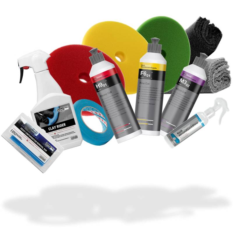 detailmate Auto Politur Set: KochChemie Polituren 250 ml + KochChemie Allround Quick Shine + ValetPRO Clay Rider 500 ml + Reinigungsknete + Politurpads + Zubehör von detailmate