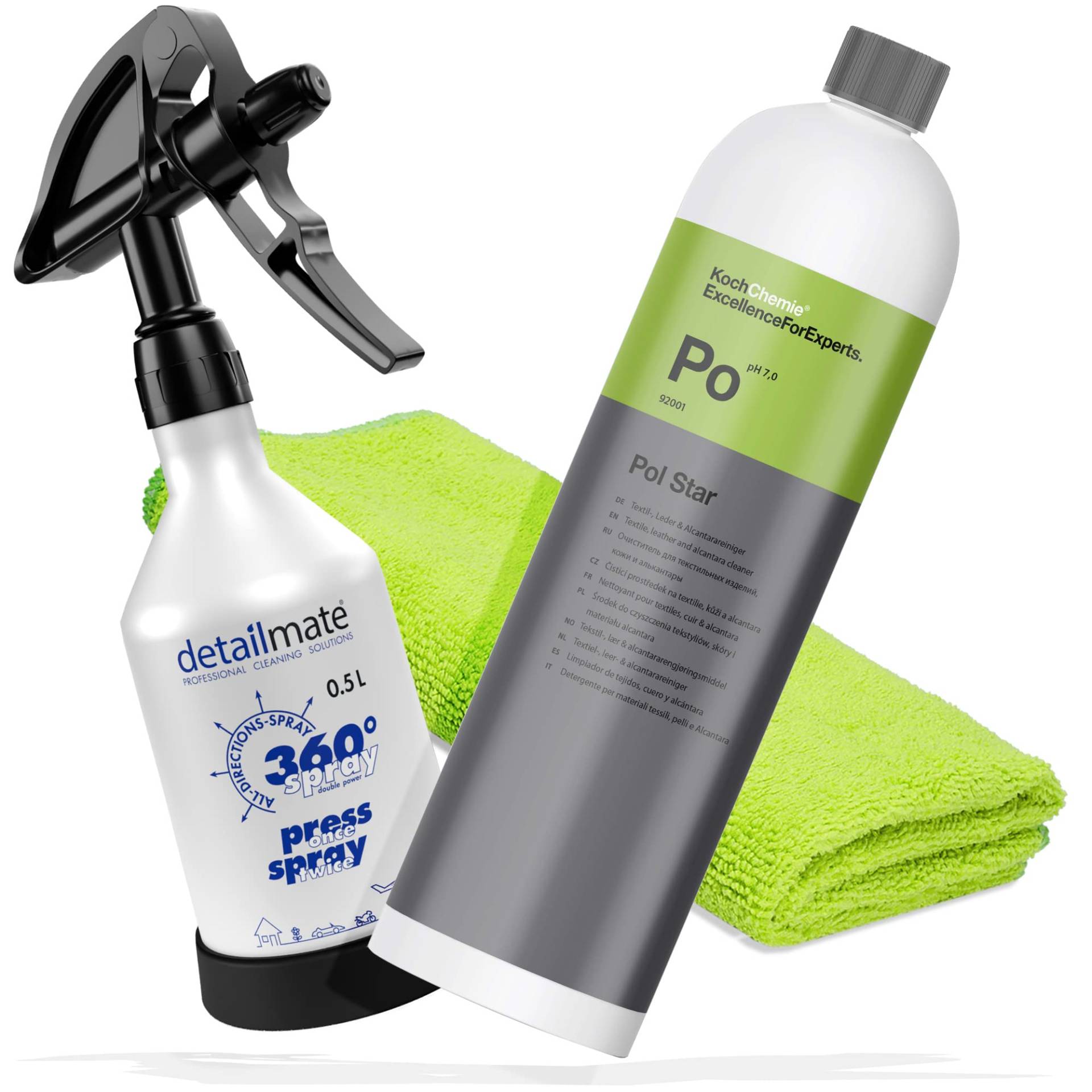 detailmate Auto Polster Reinigung Set - KochChemie POL Star - Textil-, Leder & Alcantarareiniger 1 Liter - Made by Kwazar Mercury Super PRO+ 360 Grad Sprühflasche 0,5L, Double Trigger - Mikofasertuch detailmate Auto Polster Reinigung Set - KochChemie POL Star - Textil-, Leder & Alcantarareiniger 1 Liter - Made by Kwazar Mercury Super PRO+ 360 Grad Sprühflasche 0,5L, Double Trigger - Mikofasertuch von detailmate
