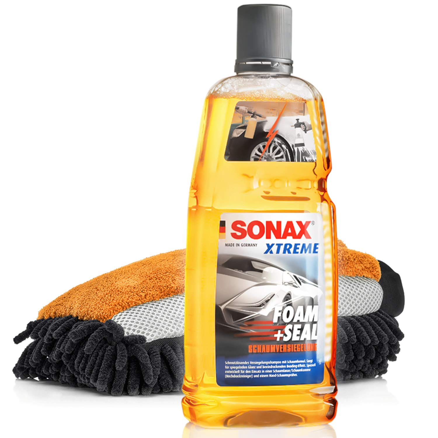 detailmate Auto Schaum Wasch Versiegelung Set: SONAX Xtreme Foam and Seal - Schaumversiegelung 1 Liter + professioneller 3in1 Mikrofaser Waschhandschuh von detailmate