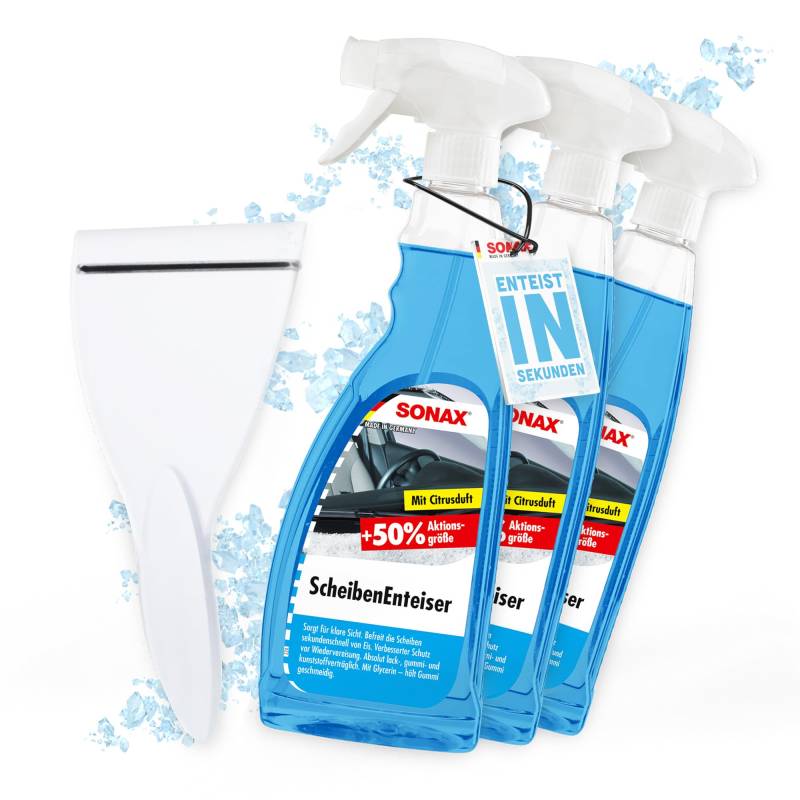 detailmate Auto Scheibenenteiser Set | 3X Sonax Scheiben Enteiser Spray 750ml für Autoscheiben + 1x Eiskratzer | Enteiserspray für klare Sicht von detailmate