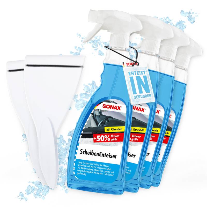 detailmate Auto Scheibenenteiser Set | 4X Sonax Scheiben Enteiser Spray 750ml für Autoscheiben + 2X Eiskratzer | Enteiserspray für klare Sicht von detailmate
