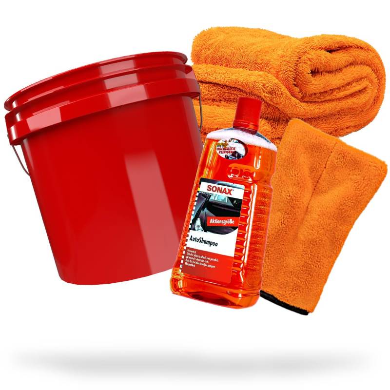 detailmate Auto Wasch Set: SONAX Autoshampoo 2L + Mikrofaser Waschhandschuh + Nuke Guys Gamma Dryer XXL Trockentuch + Wascheimer 3,5 GAL Rot für die optimale Handwäsche & Trocknung von detailmate