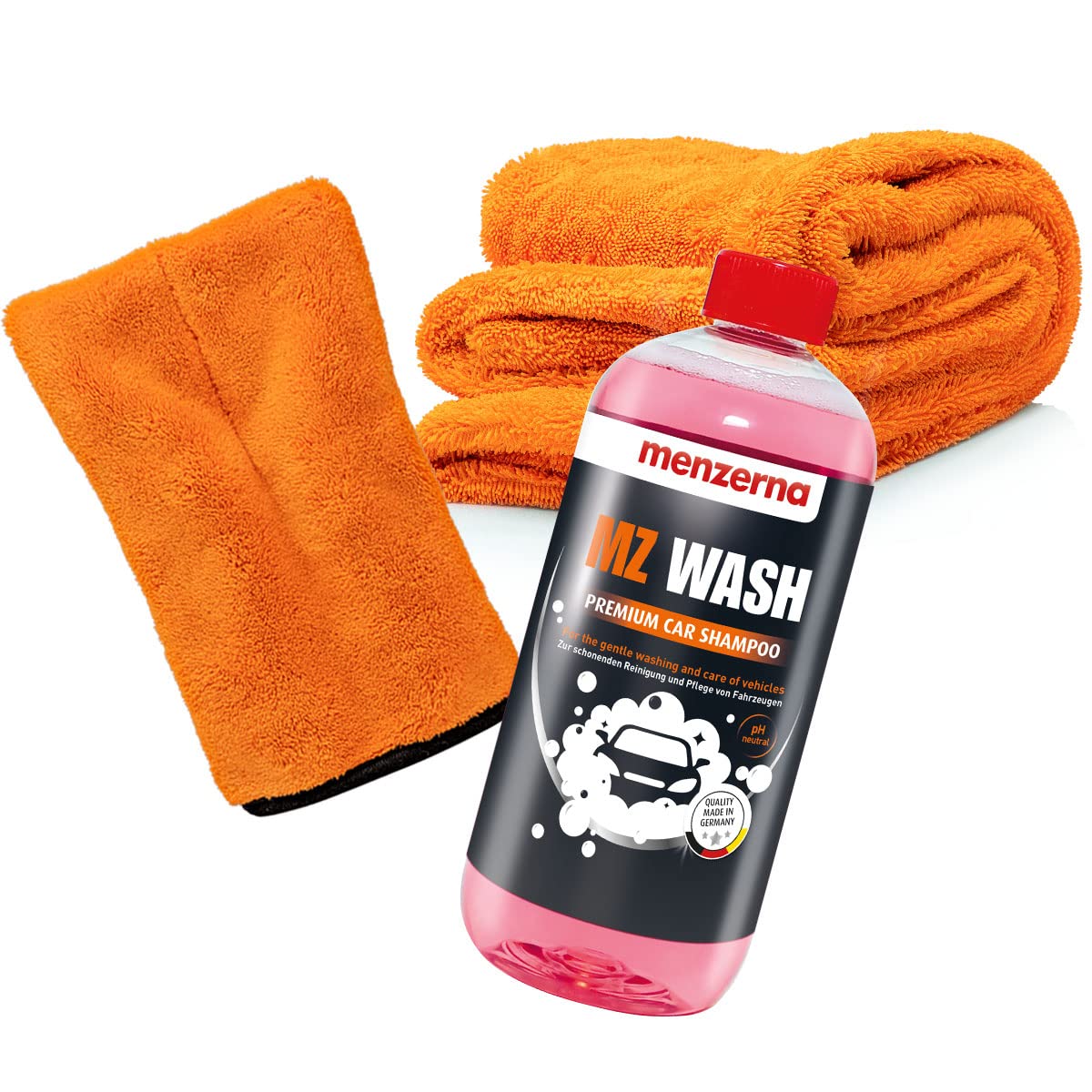 detailmate Auto Wasch- und Trockenset: menzerna MZ Wash Shampoo - Autoshampoo 1L + Mikrofaser Präzisionshandschuh Orange + Nuke Guys Gamma Dryer XXL für die optimale Handwäsche von detailmate