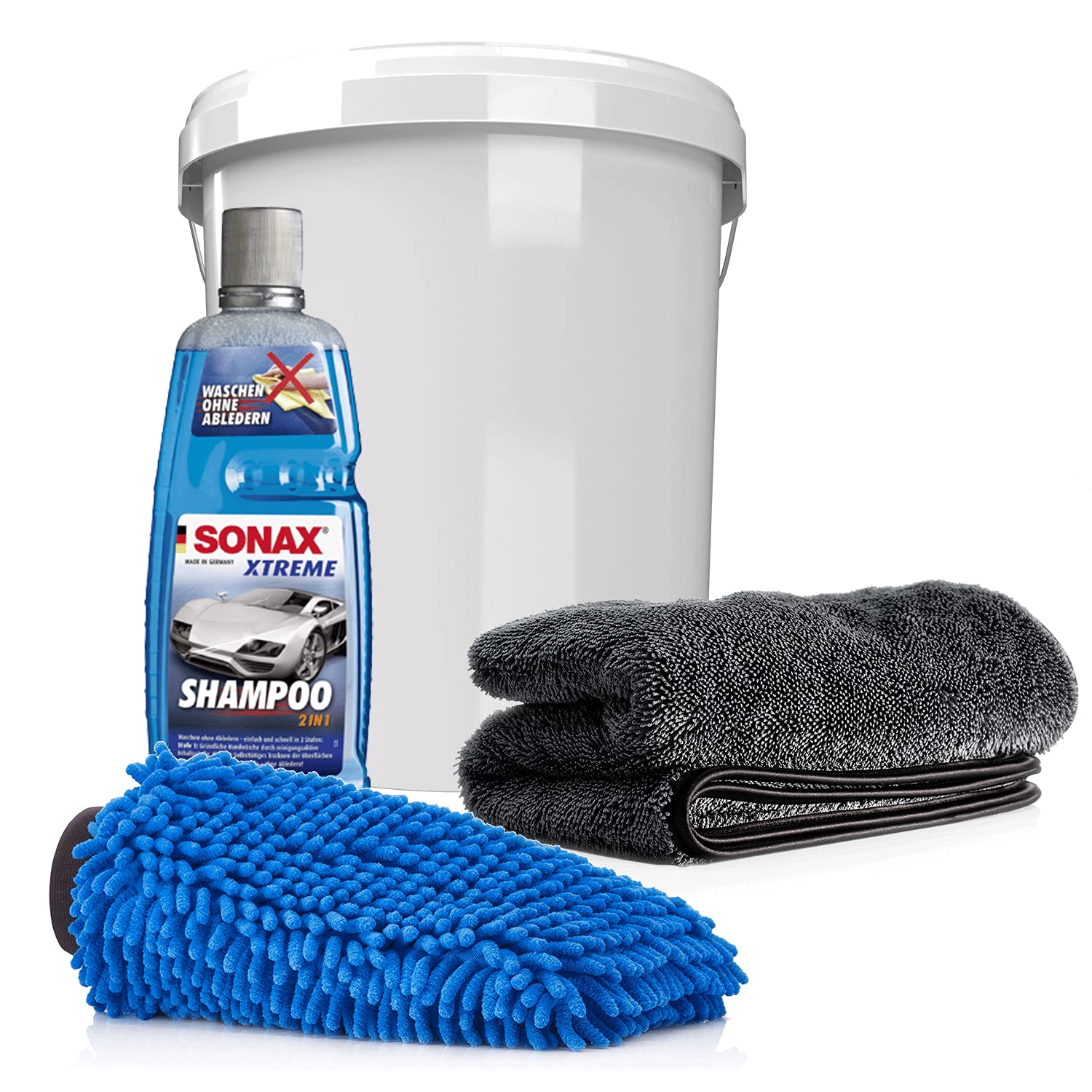detailmate Auto & Motorrad Wasch Set: SONAX 2in1 Shampoo 1L + Wascheimer mit passendem Deckel + Mikrofaser Chenille Waschhandschuh + saugstarkes Trockentuch, 50x80cm, 1000GSM detailmate Auto & Motorrad Wasch Set: SONAX 2in1 Shampoo 1L + Wascheimer mit passendem Deckel + Mikrofaser Chenille Waschhandschuh + saugstarkes Trockentuch, 50x80cm, 1000GSM von detailmate