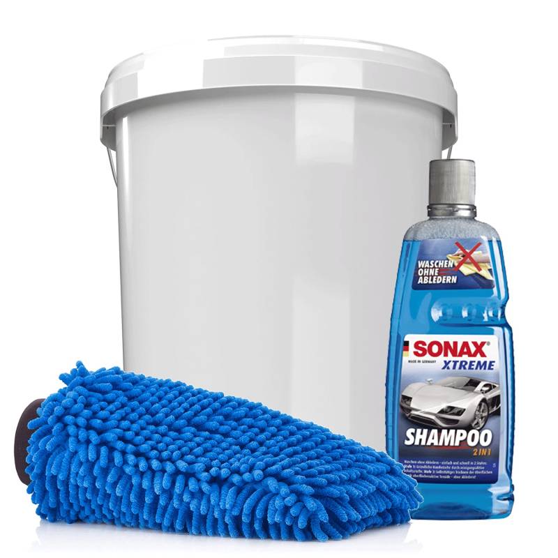 detailmate Auto & Motorrad Wasch Set: SONAX 2in1 Shampoo 1L + Wascheimer mit passendem Deckel + Mikrofaser Chenille Waschhandschuh von detailmate