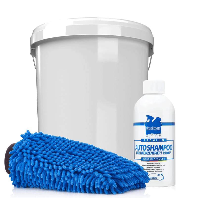 detailmate Auto & Motorrad Wasch Set: detailmate Autoshampoo 500ml Konzentrat + 3,5GAL Wascheimer mit Deckel + Mikrofaser Chenille Waschhandschuh von detailmate