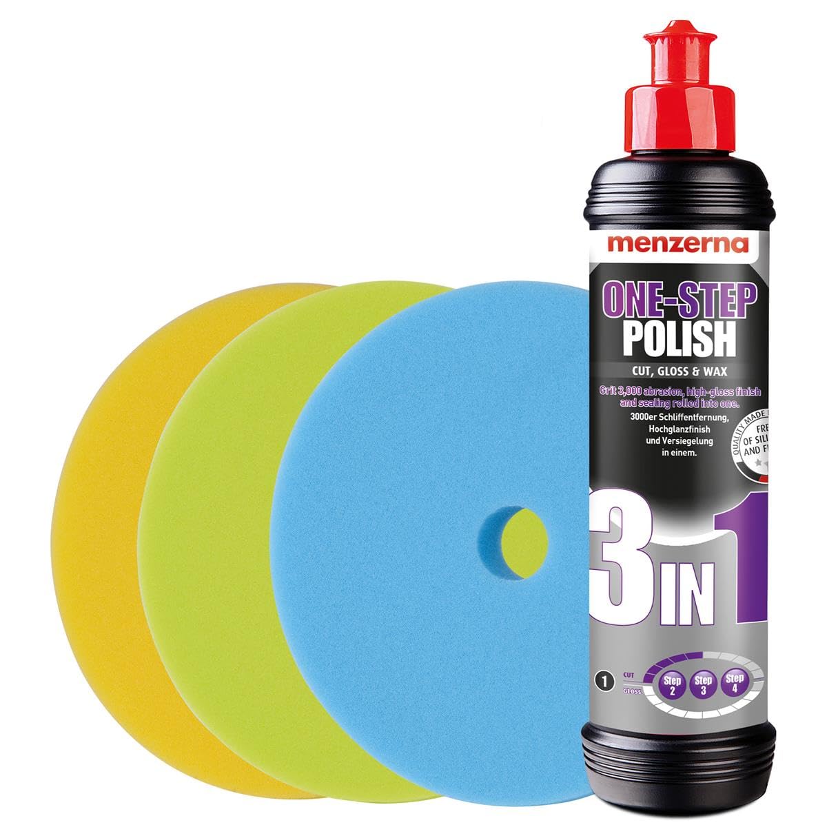 detailmate Autolitur Set: Menzerna Medium Cut Politur One-Step-Polish 3 in 1, 250 ml mit den 3 passenden Pads: Medium Cut Foam gelb, Soft Cut Foam grün, Wax Foam blau detailmate Autolitur Set: Menzerna Medium Cut Politur One-Step-Polish 3 in 1, 250 ml mit den 3 passenden Pads: Medium Cut Foam gelb, Soft Cut Foam grün, Wax Foam blau von detailmate