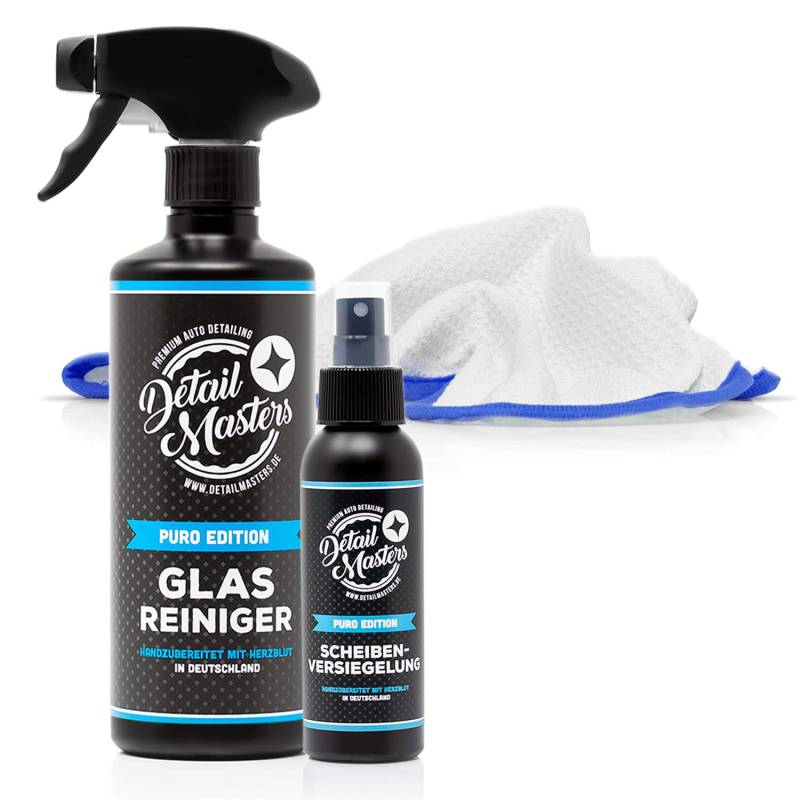 detailmate Autopflege Set - DetailMasters -Glasreinigung/Versiegelung Set- Glasreinger 500ml + Puro Scheibenversiegelung 100ml + Microfiber Monkey Microfaser Waffeltuch für die Scheibenreinigung von detailmate