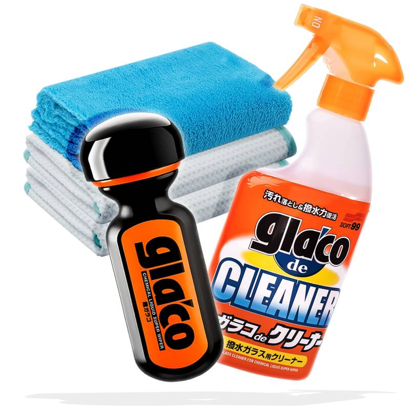 detailmate Autoscheiben Reinigung & Versiegelung Bundle: Soft99 Glaco de Cleaner Glasreiniger 400ml + Soft99 Ultra Glaco Glasversiegelung 70ml + 2X Waffeltuch Poliertuch von detailmate