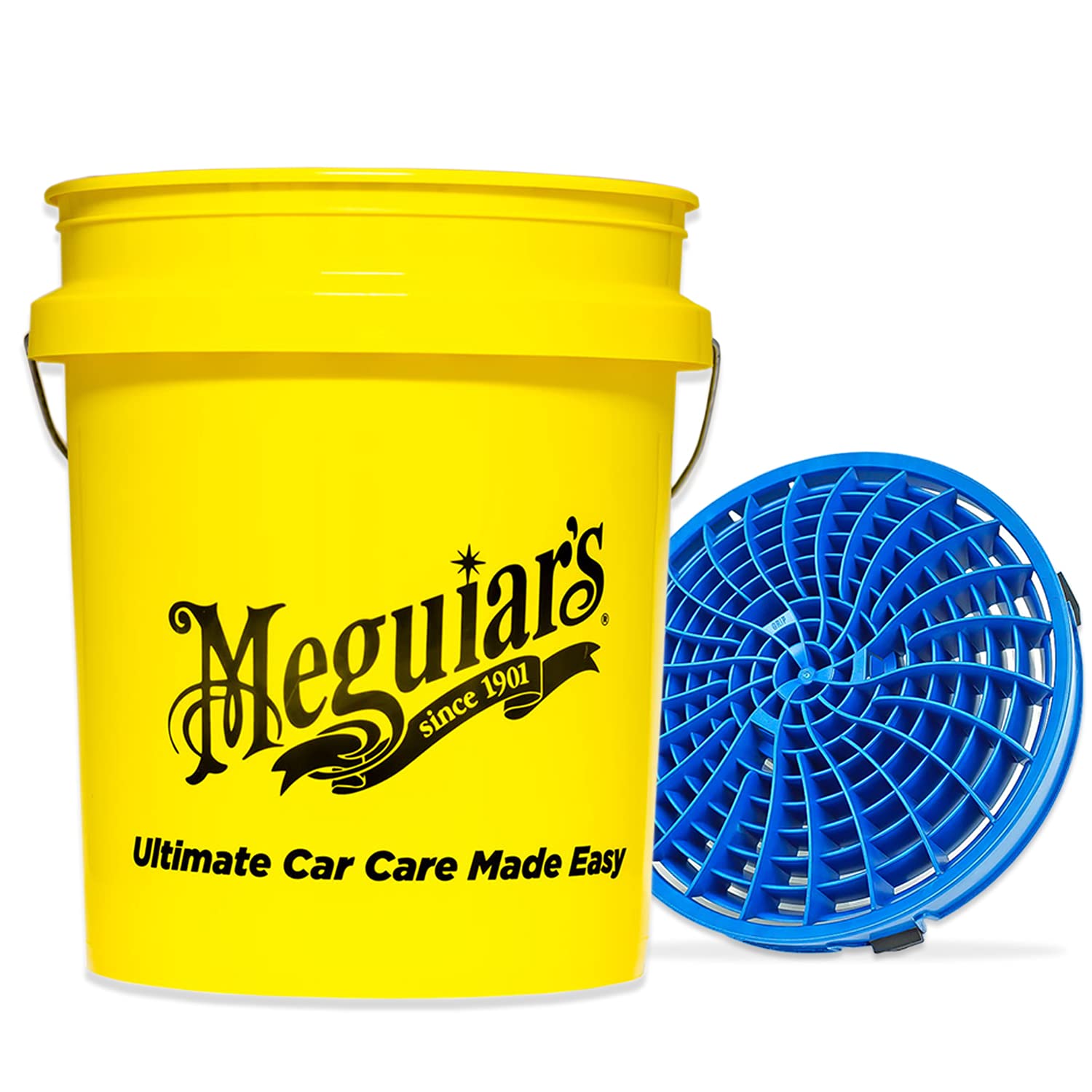 detailmate Autowäsche Set: Meguiars gelber Wasch Eimer 5 Gallonen (19 l) mit Detail Guardz Dirt Lock Wascheimereinsatz Blau für eine kratzerfreie Handwäsche von detailmate