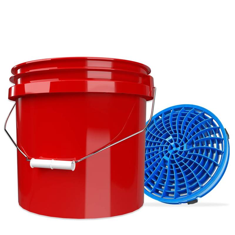 detailmate Autowäsche Set: Wasch Eimer rot 3,5 Gallonen (12 l) mit Detail Guardz Dirt Lock Wascheimereinsatz Blau für eine kratzerfreie Handwäsche von detailmate
