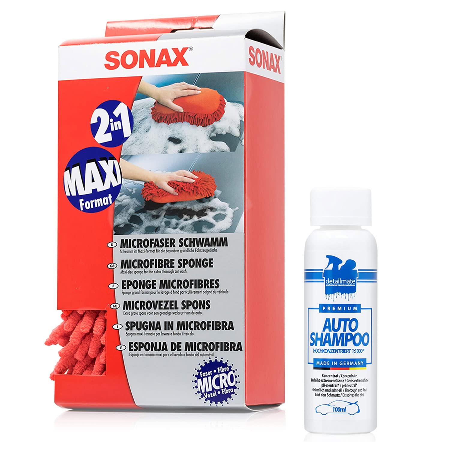 detailmate Autowasch Set Autoshampoo - Konzentat - 100 ml + Sonax 2 in 1 Microfaser Schwamm: Mikrofaser/Chenille von detailmate