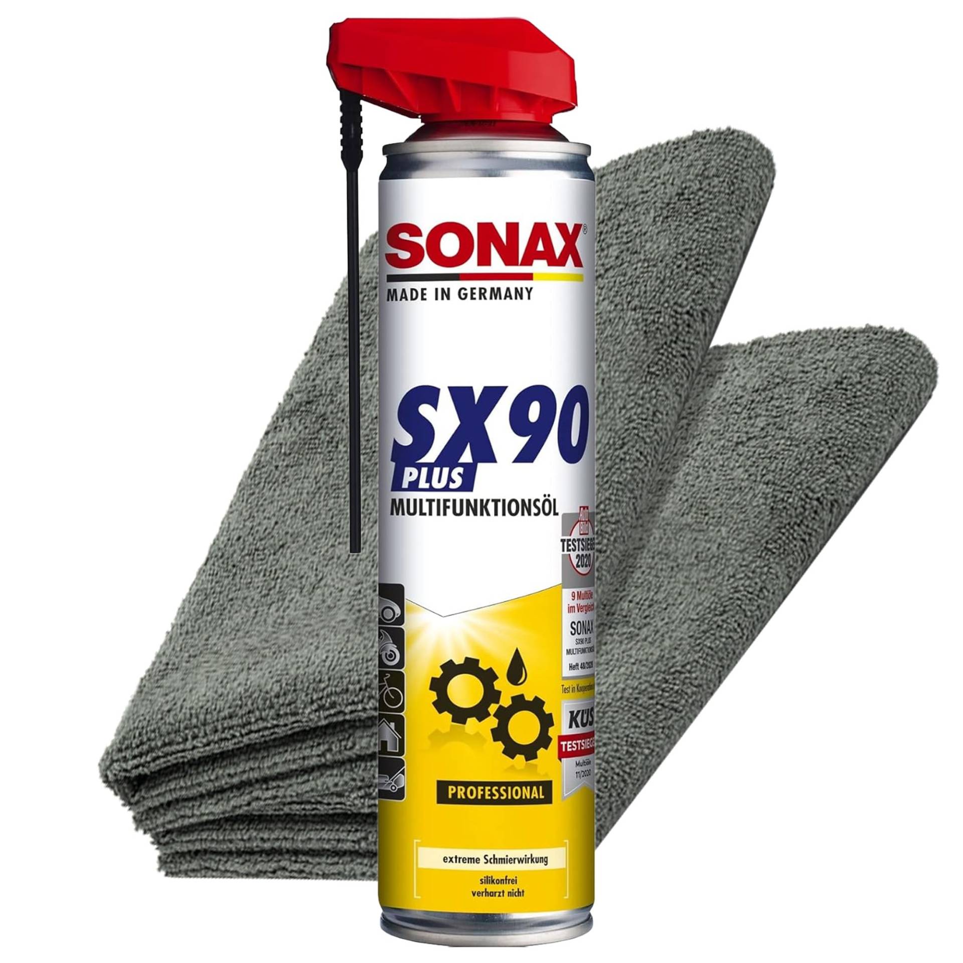 detailmate Bundle - SONAX SX90 Plus Multifunktionsöl 0,4L + 2x detailmate Mikrofasertuch 380 GSM, 40x40cm - Alleskönner für Betrieb und Werkstatt mit praktischem Tuch von detailmate