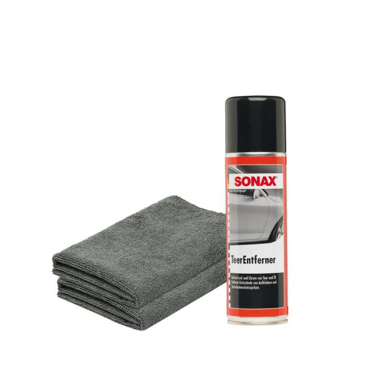 detailmate Bundle - SONAX Teerentferner 0,3L + 2x detailmate Mikrofasertuch 380GSM, 40x40cm - Löst schonend und gründlich Teer-, Ölflecken und andere Verschmutzungen von Lack und Chrom von detailmate