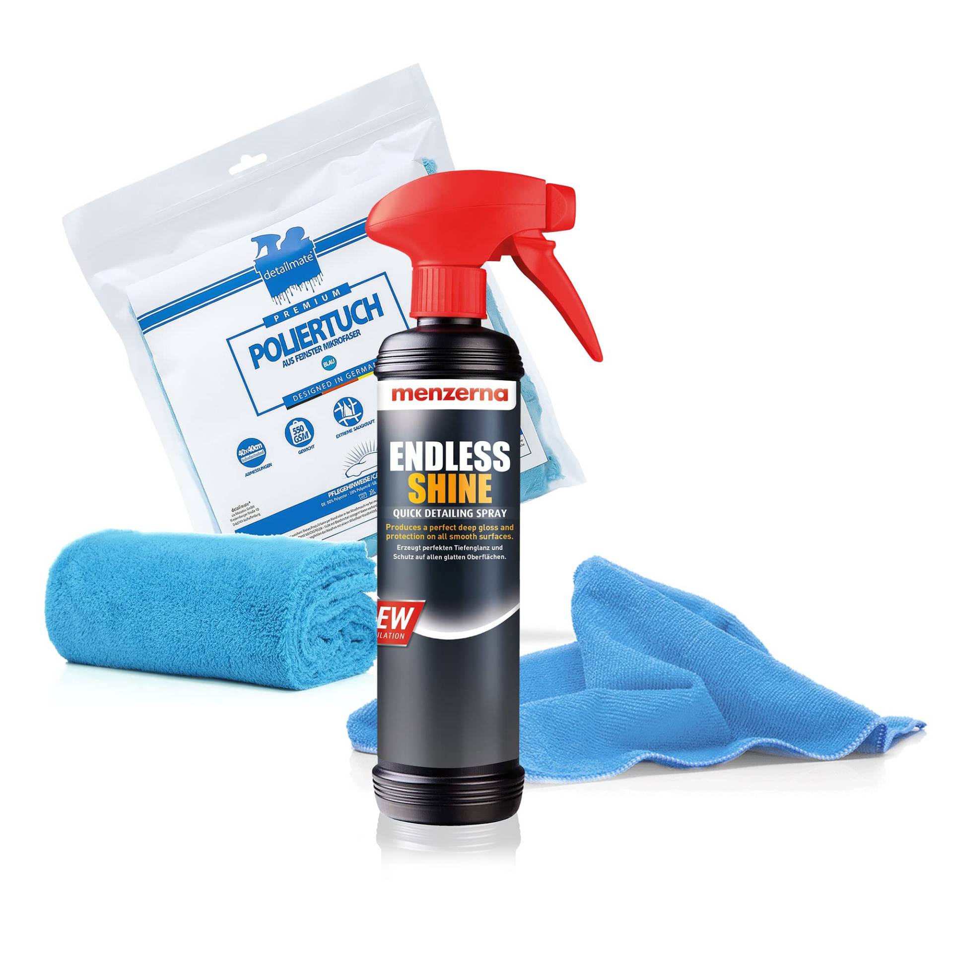 detailmate Set - Menzerna Endless Shine Quick Detailing Spray - Perfekter Tiefenglanz und Schutz auf Allen Oberflächen 0,5l + Mikrofasertuch + Poliertuch von detailmate