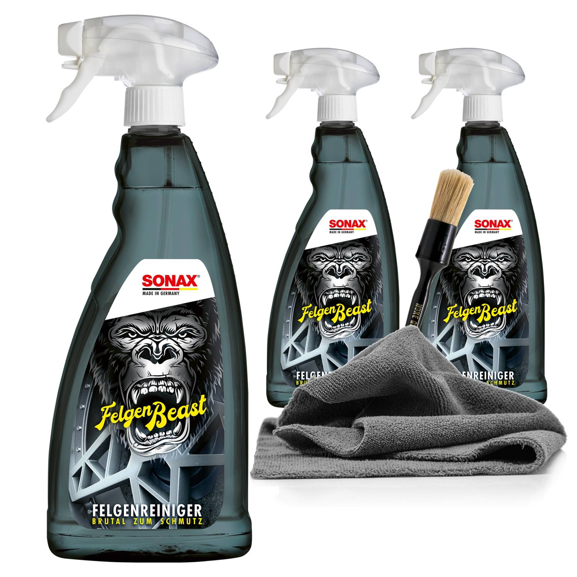 detailmate Felgen Reiniger Set - 3X SONAX FelgenBeast Felgenreinger säurefrei, 1L + Allrounder Mikrofasertuch 40x40cm, 380 GSM + VALETPRO Felgen Reinigungspinsel + Schutzhandschuhe von detailmate