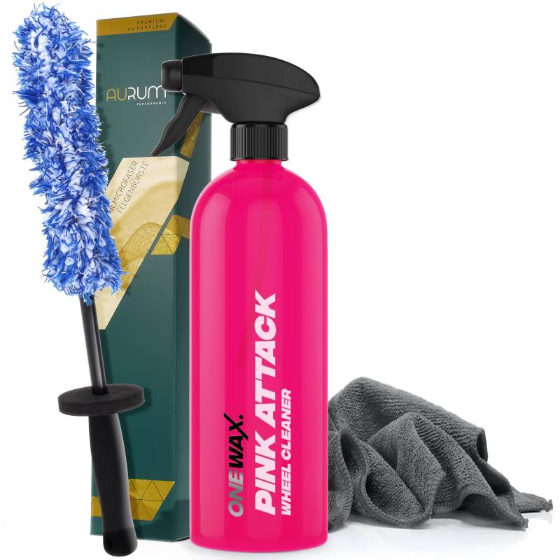 detailmate Felgenreinigungsset: OneWax Pink Attack Wheel Cleaner 750ml + Aurum ultraFlat Microfaser Felgenbürste Mikrofasertuch 320GSM von detailmate