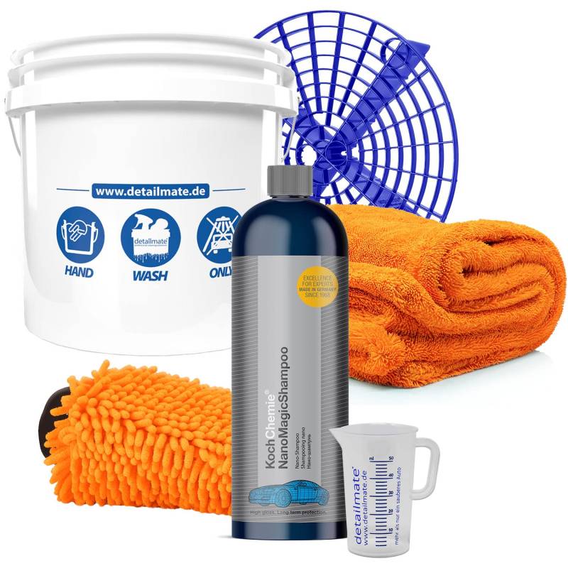 detailmate Hand-WASH-ONLY-Set: GritGuard Wascheimer 3,5 GAL + Schmutzeinsatz + KochChemie NanoMagic Autoshampoo 750ml + Messbecher + Nuke Guys Gamma Dryer XXL + Waschhandschuh + Messbecher von detailmate