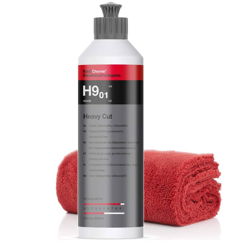 detailmate Koch Chemie Politur Set: Koch Chemie Heavy Cut H9.02 silikonölfreie Schleifpolitur, 250ml Mikrofasertuch 550GSM, 40x40cm von detailmate