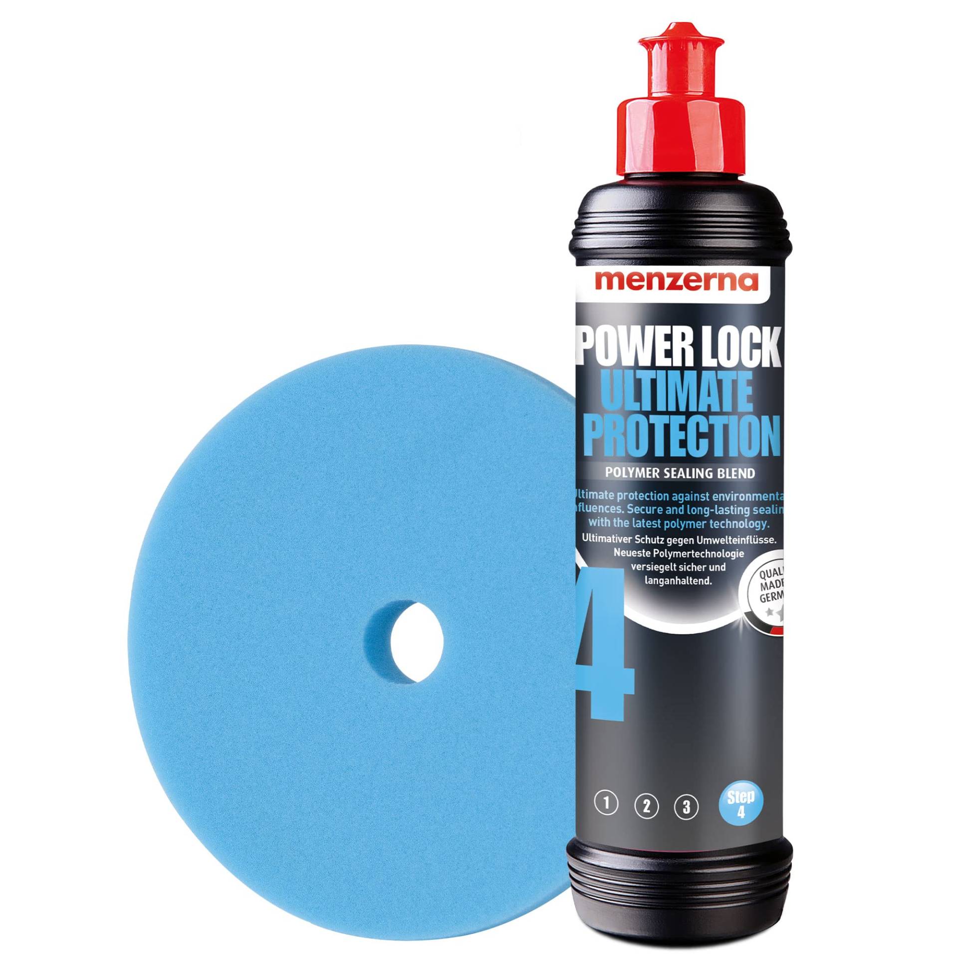 detailmate Menzerna Autopolitur Set: Power Lock Ultimate Protection - Polymer Lackversiegelung, 250 ml mit passendem Polier Pad: Wax Foam Pad 150 mm / 6.0" von detailmate