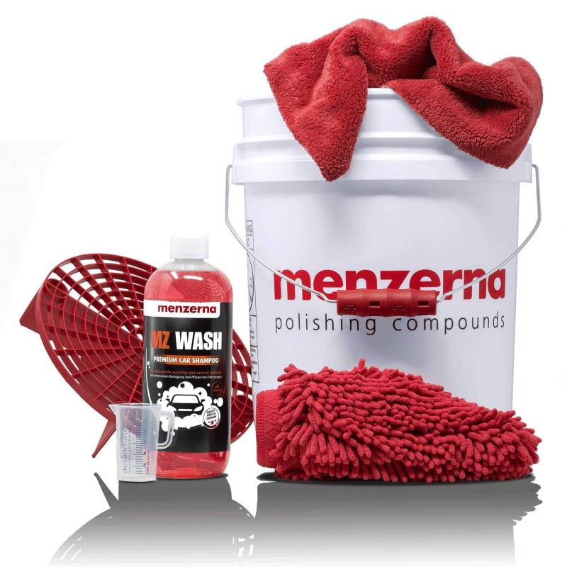 detailmate Menzerna Autowasch Set: GritGuard Eimer 5 Gal mit Grit Guard Einsatz und Snappy Grip + MZ Wash Autoshampoo 1L + Waschhandschuh + Mikrofaser Poliertuch + Messbecher von detailmate