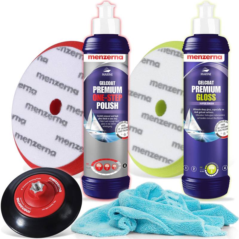 detailmate Menzerna Bootspolitur Ultra Glanz + Zubehör Set - 250ml: Gelcoat Premium One Step Polish + Gelcoat Premium Gloss + passende Premium Pad Polierschwämme + Stützteller + Poliertuch von detailmate