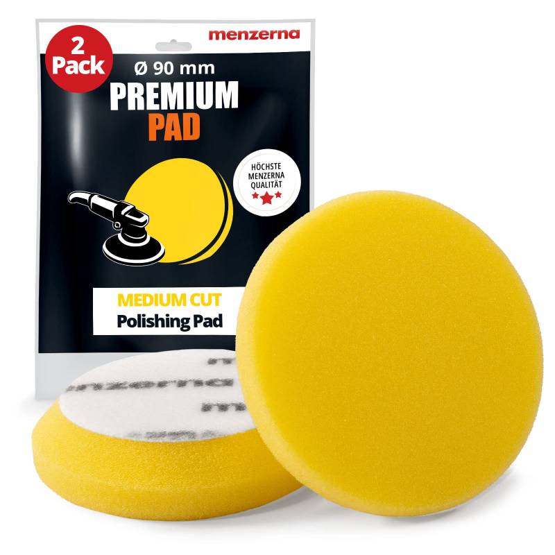 detailmate Menzerna Medium Cut Foam Pad Polierschwamm Premium - 95 mm/3,5" - gelb - 2 Stück + Nitril - Schutzhandschuh von detailmate