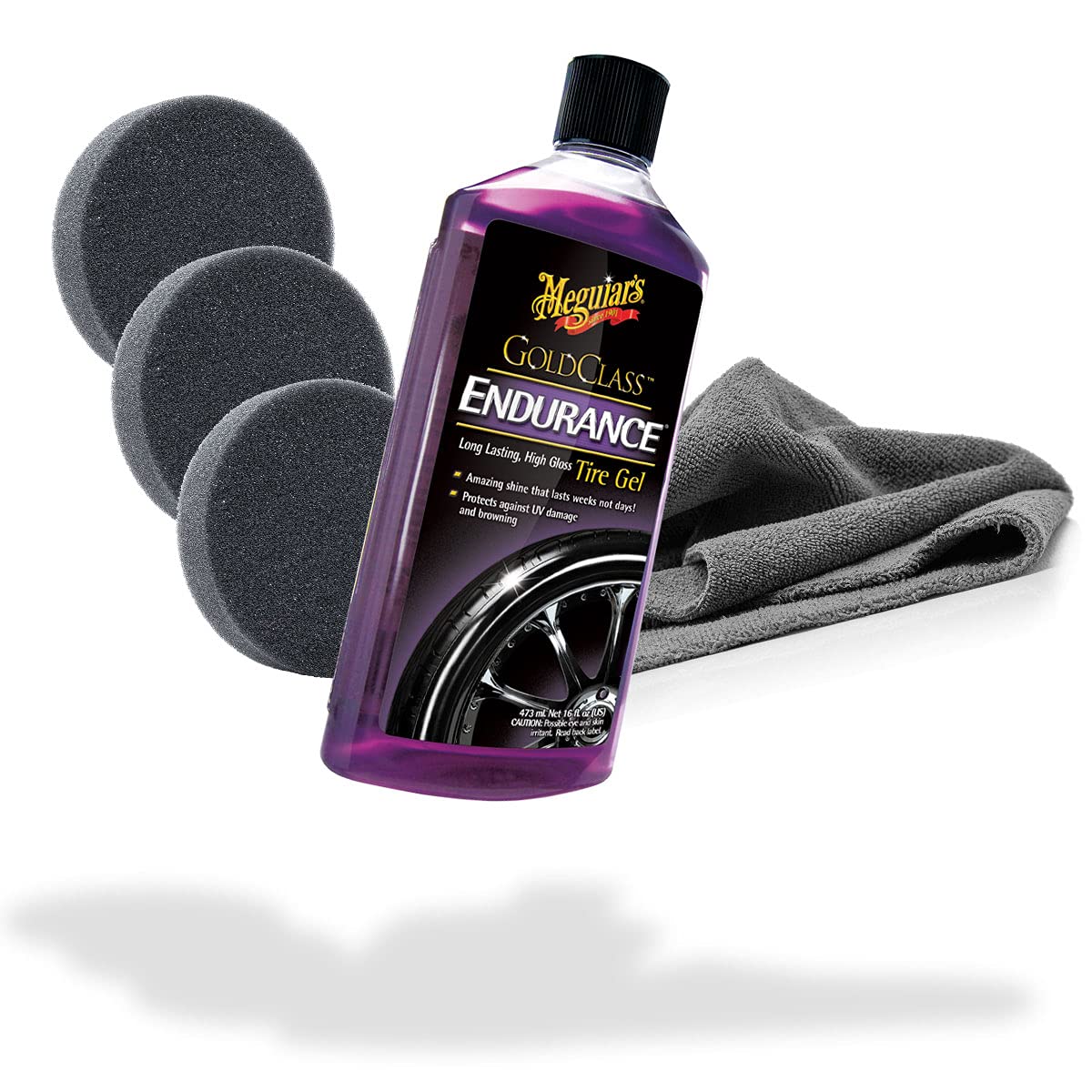 detailmate Reifen Pflegeset für Glanz: Meguiars Reifenpflege Endurance Tire Gel High Gloss 473ml 3er Set Applikatorpads Auftragsschwamm Ø90/22mm + Edgeless GreyLow Mikrofasertuch 380GSM von detailmate