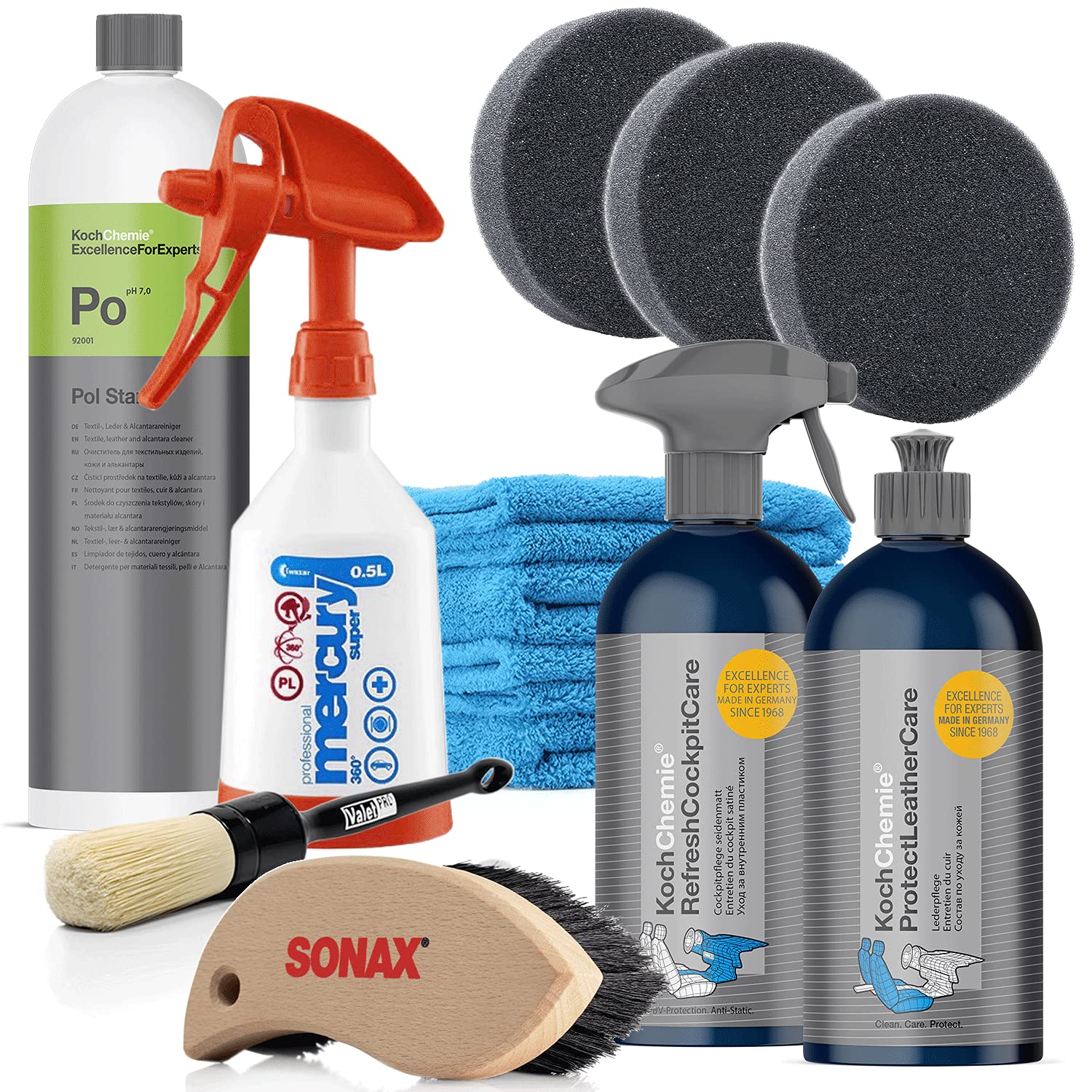 detailmate Reinigungs Set: Koch Chemie Pol Star 1L Textilreiniger + jeweils 500ml Lederpflege und Cockpitpflege seidenmatt - mit Sprühflasche, Pinsel, Bürste, 4x Mikrofasertuch und 3x Applikatorpad detailmate Reinigungs Set: Koch Chemie Pol Star 1L Textilreiniger + jeweils 500ml Lederpflege und Cockpitpflege seidenmatt - mit Sprühflasche, Pinsel, Bürste, 4x Mikrofasertuch und 3x Applikatorpad von detailmate
