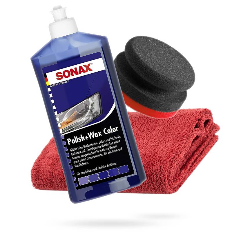 detailmate SONAX Hand Polier Bundle - SONAX Polish+Wax Color blau 500ml Handpolierschwamm hart Ø90/50mm Edgeless Mikrofaser Poliertuch 550GSM rot von detailmate