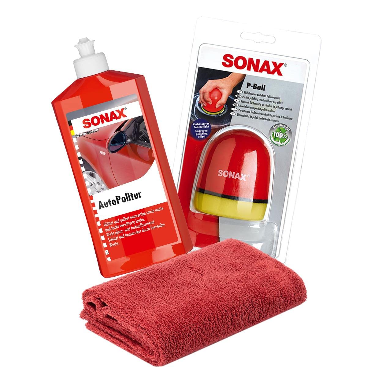 detailmate SONAX Hand Polier Bundle: SONAX Autopolitur für Bunt- und Metalliclacke 500ml + SONAX P-Ball ergonomischer Polier Ball Edgeless Mikrofaser Poliertuch 550GSM rot von detailmate
