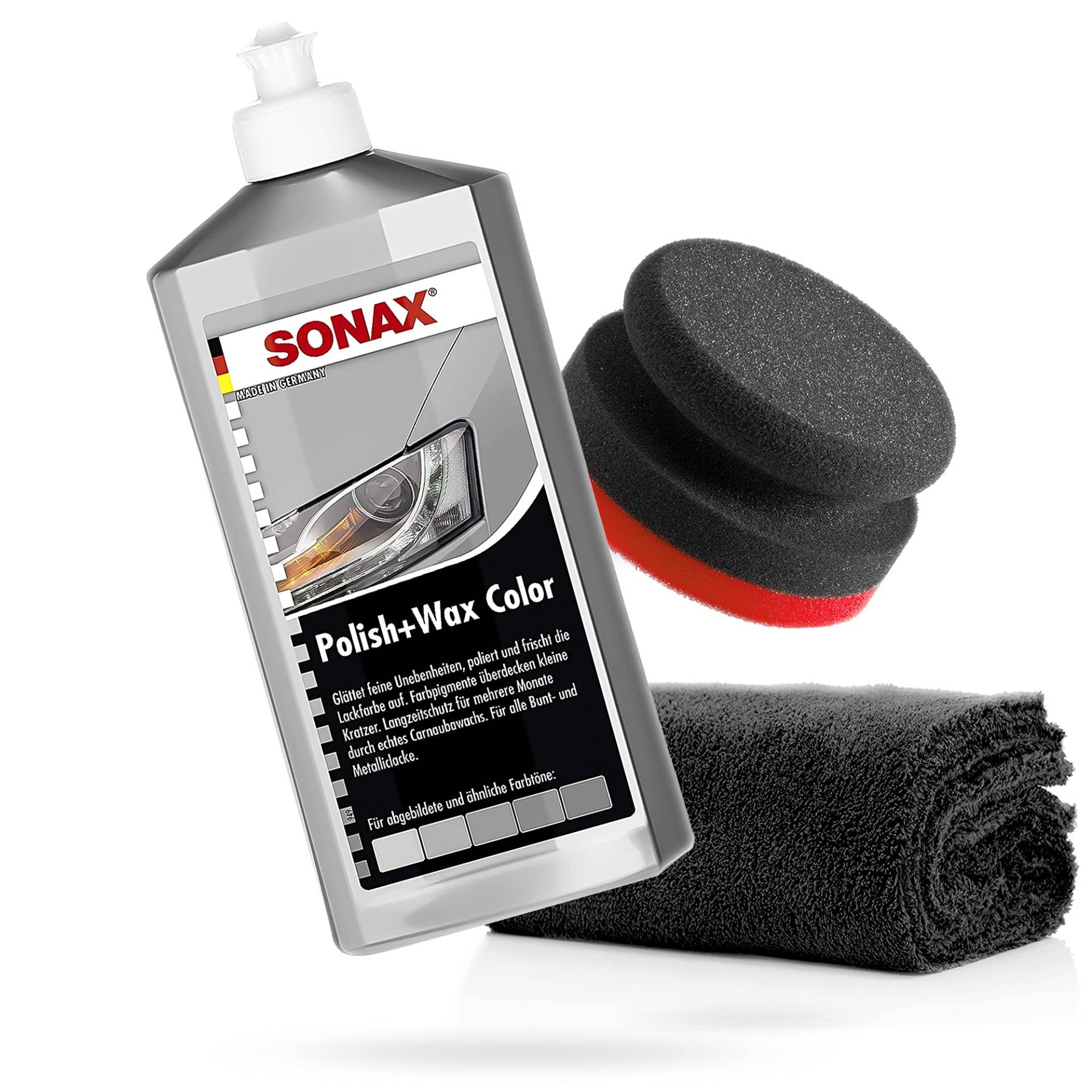 detailmate SONAX Hand Polier Set - SONAX Polish+Wax Color Silber/grau 500ml + Handpolierschwamm Puck im Verbundaufbau hart Ø90/50mm Edgeless Superflausch Mikrofaser Poliertuch 550GSM detailmate SONAX Hand Polier Set - SONAX Polish+Wax Color Silber/grau 500ml + Handpolierschwamm Puck im Verbundaufbau hart Ø90/50mm Edgeless Superflausch Mikrofaser Poliertuch 550GSM von detailmate