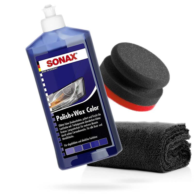 detailmate SONAX Hand Polier Set - SONAX Polish+Wax Color blau 500ml + Handpolierschwamm Puck im Verbundaufbau hart Ø90/50mm Edgeless Superflausch Mikrofaser Poliertuch 550GSM von detailmate