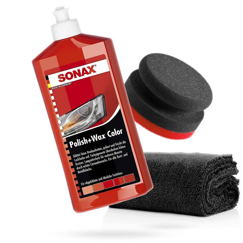 detailmate SONAX Hand Polier Set - SONAX Polish+Wax Color rot 500ml + Handpolierschwamm Puck im Verbundaufbau hart Ø90/50mm Edgeless Superflausch Mikrofaser Poliertuch 550GSM von detailmate