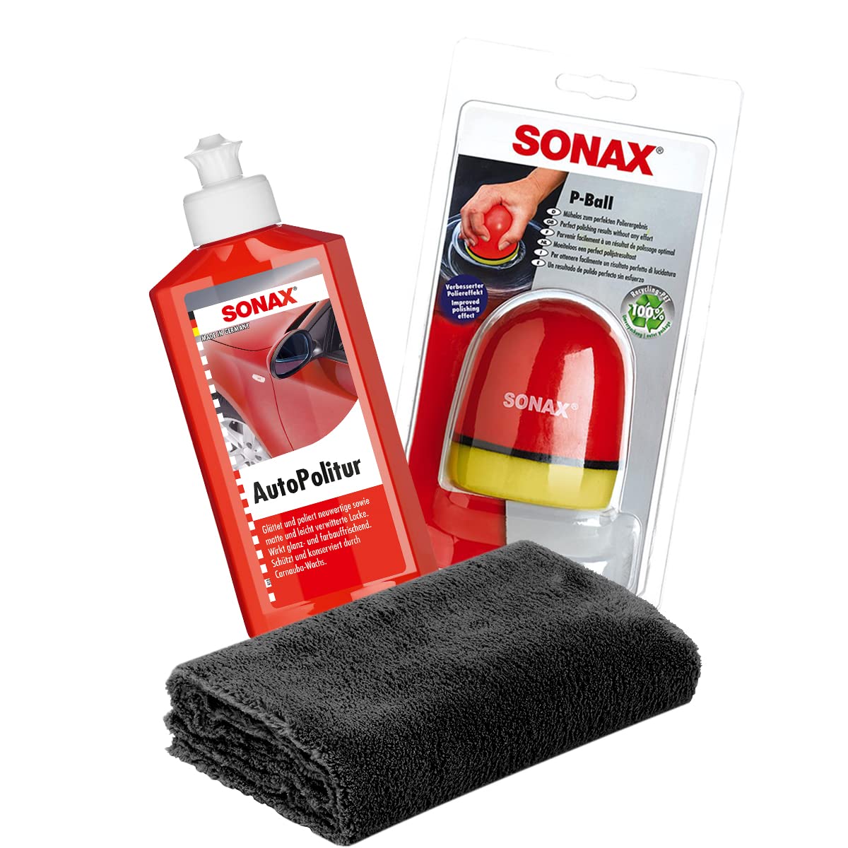 detailmate SONAX Hand Polier Set: SONAX Autopolitur für Bunt- und Metalliclacke 250ml + SONAX P-Ball ergonomischer Polier Ball Edgeless Superflausch Mikrofaser Poliertuch 40x40cm, 550GSM detailmate SONAX Hand Polier Set: SONAX Autopolitur für Bunt- und Metalliclacke 250ml + SONAX P-Ball ergonomischer Polier Ball Edgeless Superflausch Mikrofaser Poliertuch 40x40cm, 550GSM von detailmate