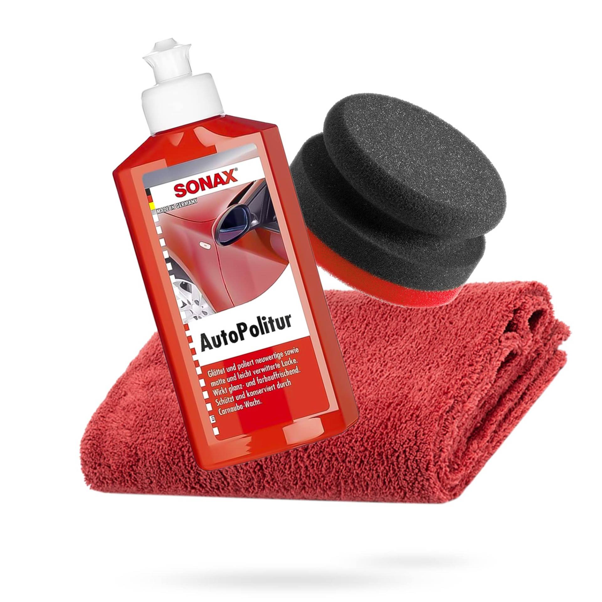 detailmate SONAX Handpolier Bundle - SONAX Autopolitur für Bunt- und Metalliclacke 250ml Handpolierschwamm hart Ø90/50mm Edgeless Mikrofaser Poliertuch 550GSM rot detailmate SONAX Handpolier Bundle - SONAX Autopolitur für Bunt- und Metalliclacke 250ml Handpolierschwamm hart Ø90/50mm Edgeless Mikrofaser Poliertuch 550GSM rot von detailmate