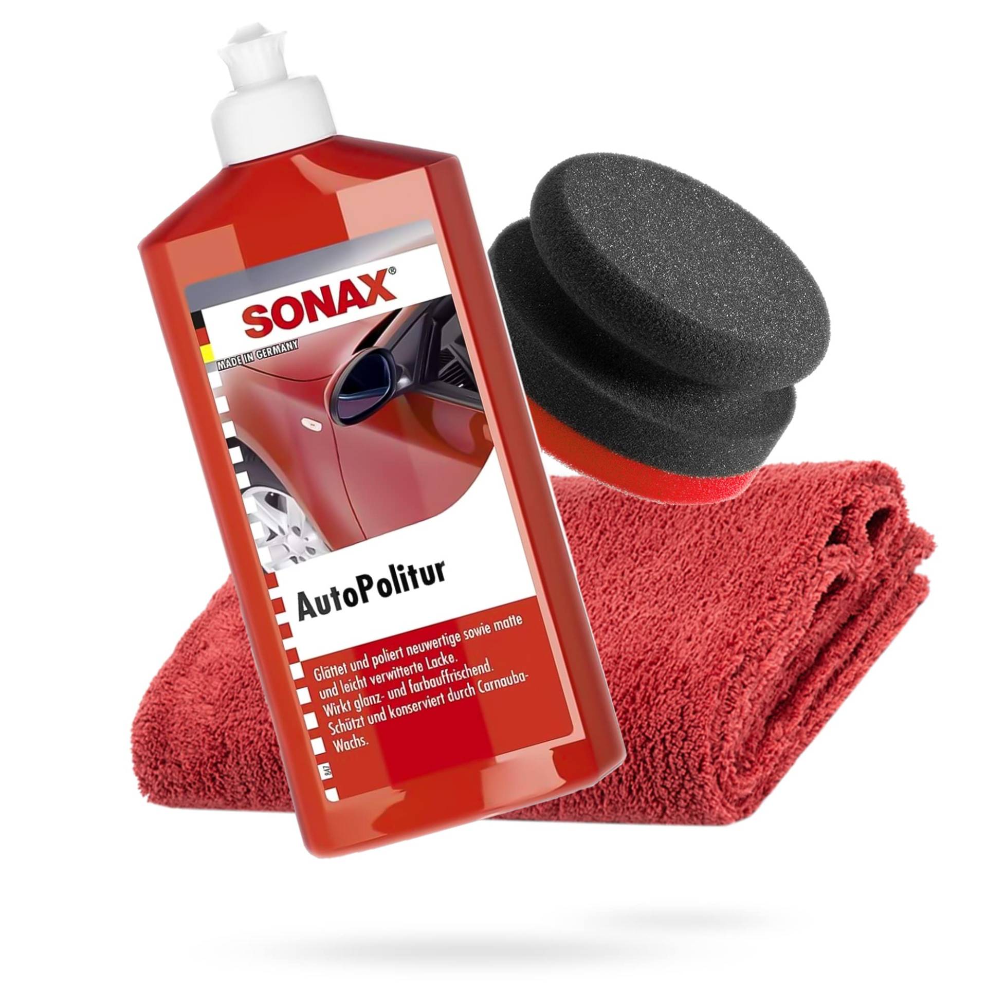 detailmate SONAX Handpolier Bundle - SONAX Autopolitur für Bunt- und Metalliclacke 500ml Handpolierschwamm hart Ø90/50mm Edgeless Mikrofaser Poliertuch 550GSM rot von detailmate