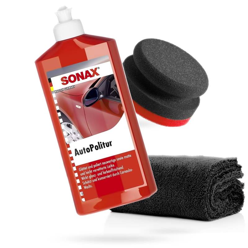 detailmate SONAX Handpolier Set - SONAX Autopolitur für Bunt- und Metalliclacke 500ml + Handpolierschwamm Puck im Verbundaufbau hart Ø90/50mm Edgeless Superflausch Mikrofaser Poliertuch von detailmate