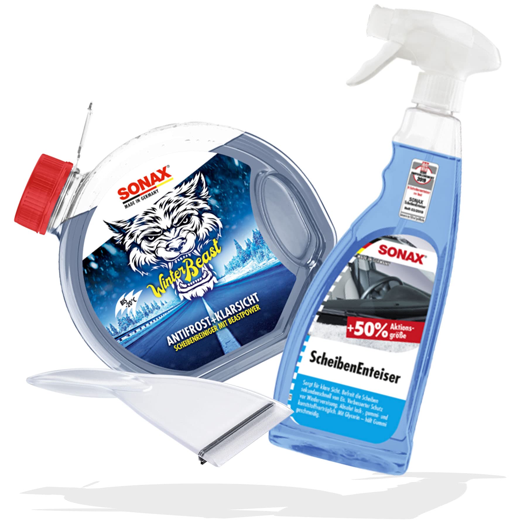 detailmate SONAX Winterset: WinterBeast AntiFrost + KlarSicht 3L PET Scheibenreiniger mit intensivem Duft für die Scheibenwaschanlage + Scheibenenteiser Sprühflasche 750ml mit Citrusduft + Eiskratzer detailmate SONAX Winterset: WinterBeast AntiFrost + KlarSicht 3L PET Scheibenreiniger mit intensivem Duft für die Scheibenwaschanlage + Scheibenenteiser Sprühflasche 750ml mit Citrusduft + Eiskratzer von detailmate