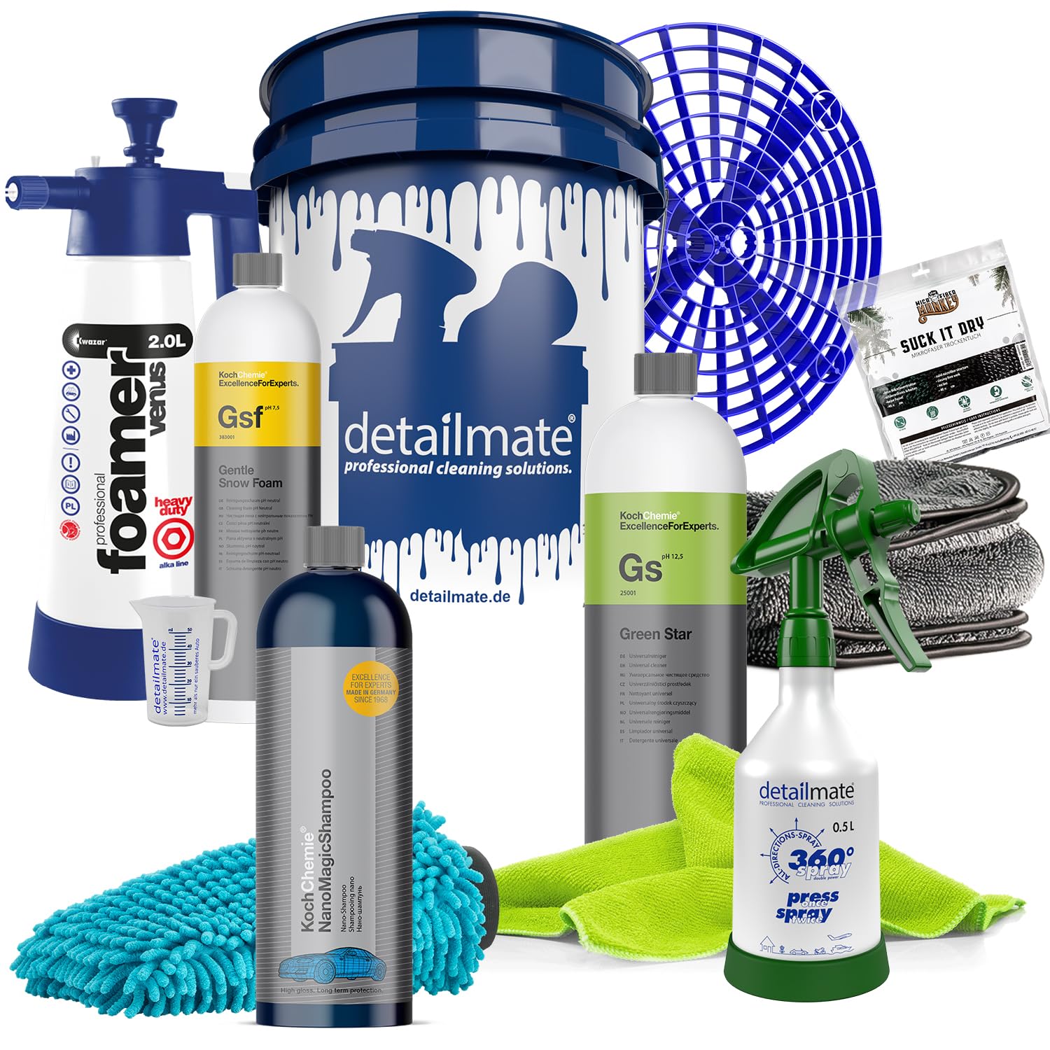 detailmate Set : Eimer 5 Gal + Einsatz + Kwazar Foamer Alkaline 2L + Koch Chemie: GSF 1L + GS 1L + Sprühflasche 0,5L+ Nano Magic Shampoo 750ml + Waschhandschuh + Mikrofasertuch + Trockentuch detailmate Set : Eimer 5 Gal + Einsatz + Kwazar Foamer Alkaline 2L + Koch Chemie: GSF 1L + GS 1L + Sprühflasche 0,5L+ Nano Magic Shampoo 750ml + Waschhandschuh + Mikrofasertuch + Trockentuch von detailmate