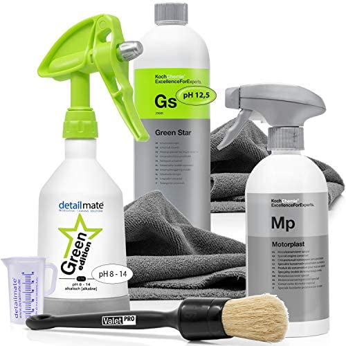 detailmate Set Auto Motor Reinigung + Pflege: Koch Chemie GreenStar Universalreiniger 1l + KWAZAR Sprühflasche + 2x Mikrofasertuch + Valet Pro Pinsel + Koch Chemie Motorplast Motorkonservierer 0,5l von detailmate