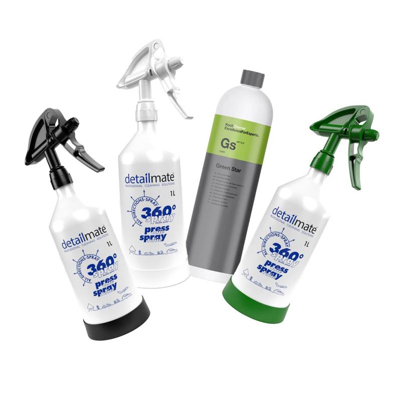 detailmate Set - Koch Chemie Green Star Universalreiniger 1L + 3 x Made by Kwazar Mercury Super PRO+ 360 Grad Sprühflasche. Double Action Trigger, 1 Liter von detailmate