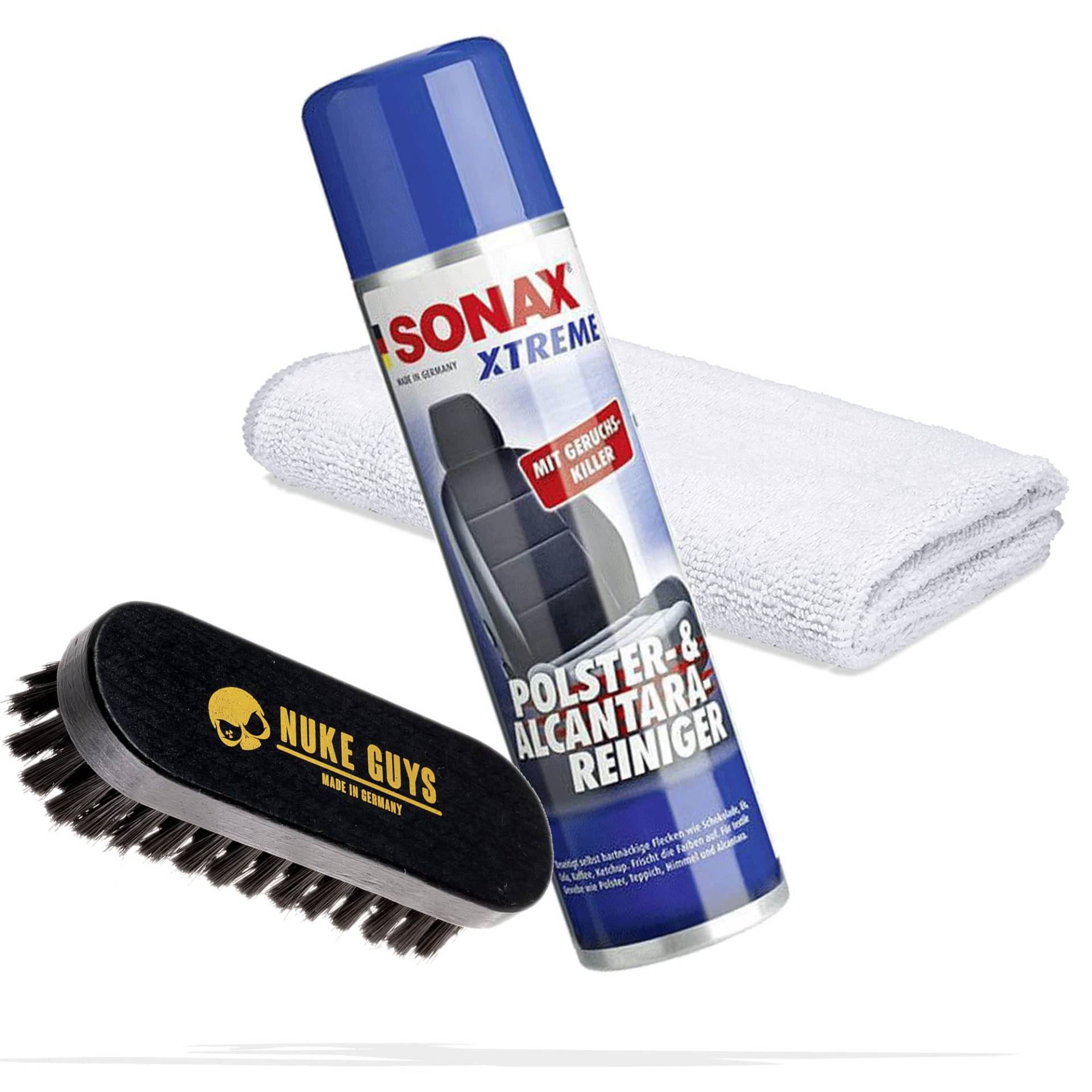 detailmate Set zur Reinigung und Pflege von Leder, Polster & Textilien | SONAX Xtreme Polster-Reiniger 0,4L + Nuke Guys Bürste S + Mikrofasertuch von detailmate